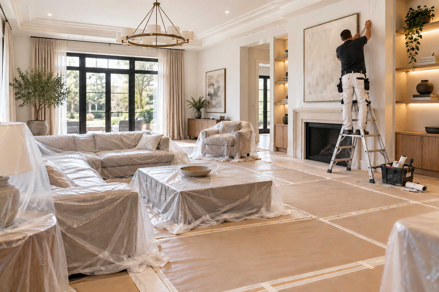 A tradesperson renovating a bright living room with furniture protected during the work.